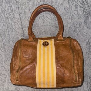 Tory Burch Satchel Bag Tote Brown Bag Leather Striped